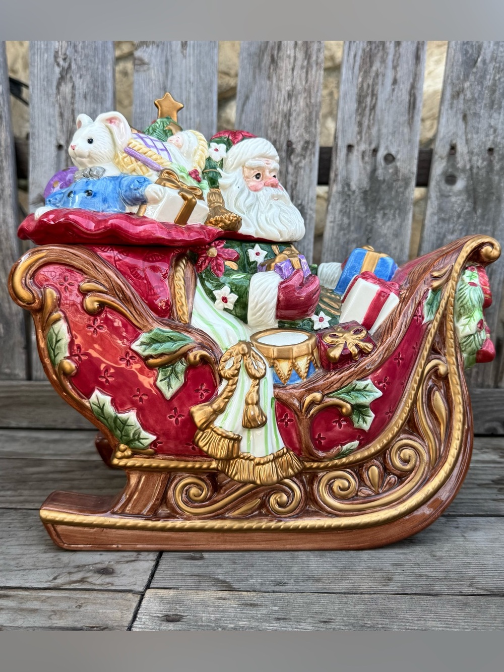 Retired 2003 Fitz & Floyd Santa’s Sleigh Large Christmas Cookie Jar Centerpiece